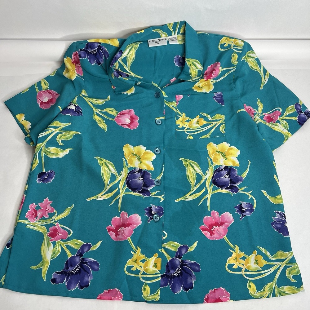 Alfred Dunner Tropical Teal Floral Short Sleeve Button Up blouse 16P 16 Petite
